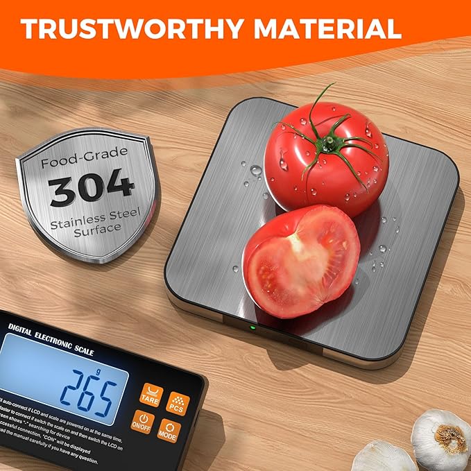 Food Kitchen Scale - TRUDIN Digital Food Weight Grams and Oz,USB Charging,Max.22lb/10kg,1g/0.05oz Accuracy,5 Units with Large Backlit LCD,Waterproof Easy-Clean (Light Silver)