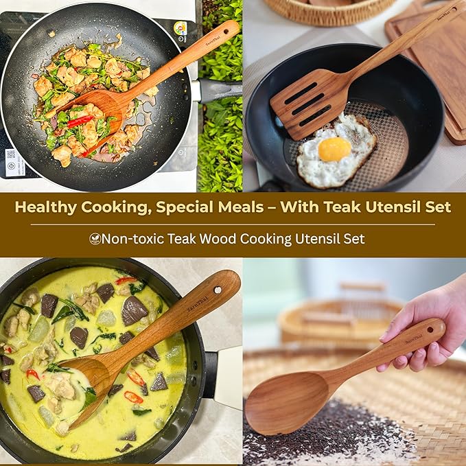 SarnThai Wooden Spoons for Cooking – 3 PCS Handcrafted Thai Teak Utensil Set, Stirring Spatula & Serving Spoon, Eco-Friendly, Ideal as Wok Spatula Wood