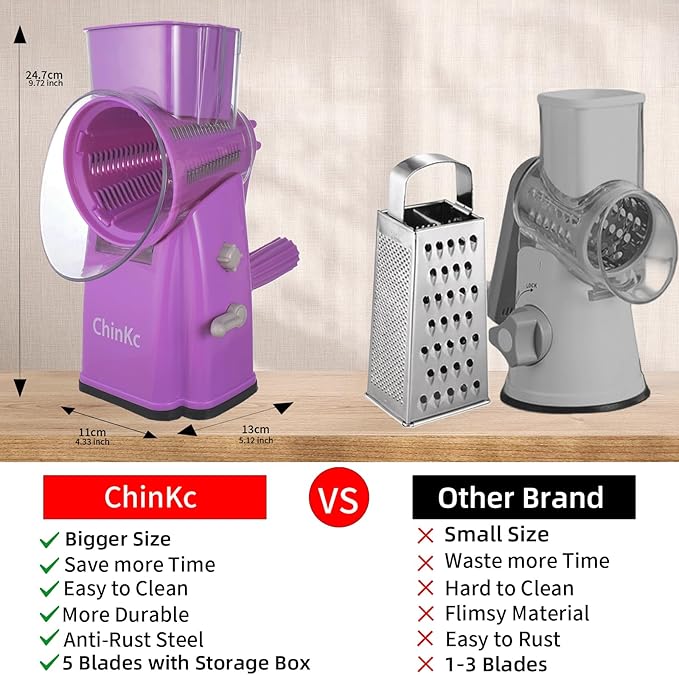 Rotary Cheese Grater Shredder - Upgraded 5 in 1 Cheese Grater with Handle and Strong Suction Base, Multi-purpose Julienne Slicer Ice Shaver Nuts Grinder for Ice, Vegetables, Fruit, Nuts