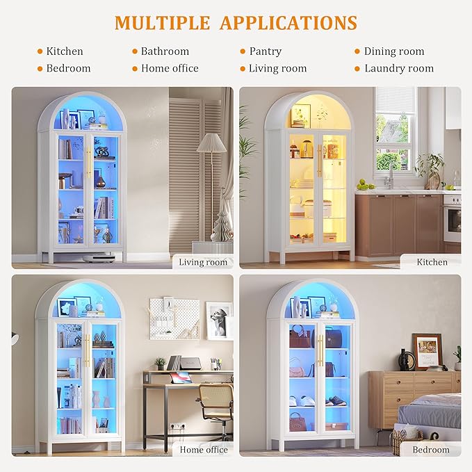 Arched Kitchen Pantry Cabinet with Glass Doors, Display Curio Case with 3 Color LED Lights for Collectibles, Modern 5-Tier Storage Hutch Cabinet, White