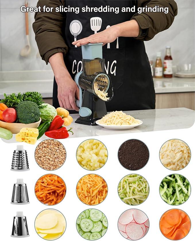 Rotary Cheese Grater hand crank, 3 Blades Cheese shredder with Stronger Suction Base | Stainless Steel Blades for Fruits, Vegetables, Nuts. Easy to Clean, Transparent Black & Blue