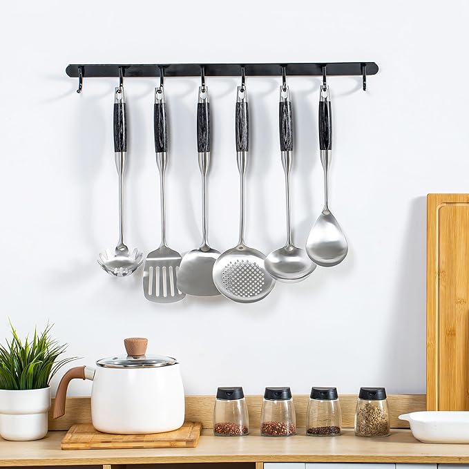 FJNATINH Stainless Steel Kitchen Utensils, Set of 6 Cooking Tools with Wooden Handle, Wok Spatula, Soup Ladle, Skimmer Spoon, Slotted Spatula Turner, Spaghetti Server, Solid Spoon