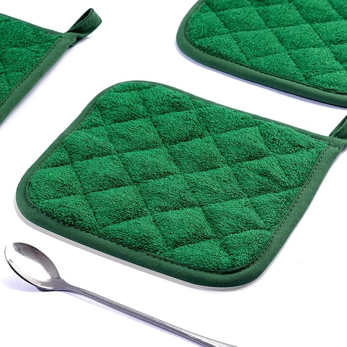 100% Cotton Kitchen Everyday Basic Terry Pot Holder Heat Resistant Coaster Potholder for Cooking and Baking Set of 5 Dark Green