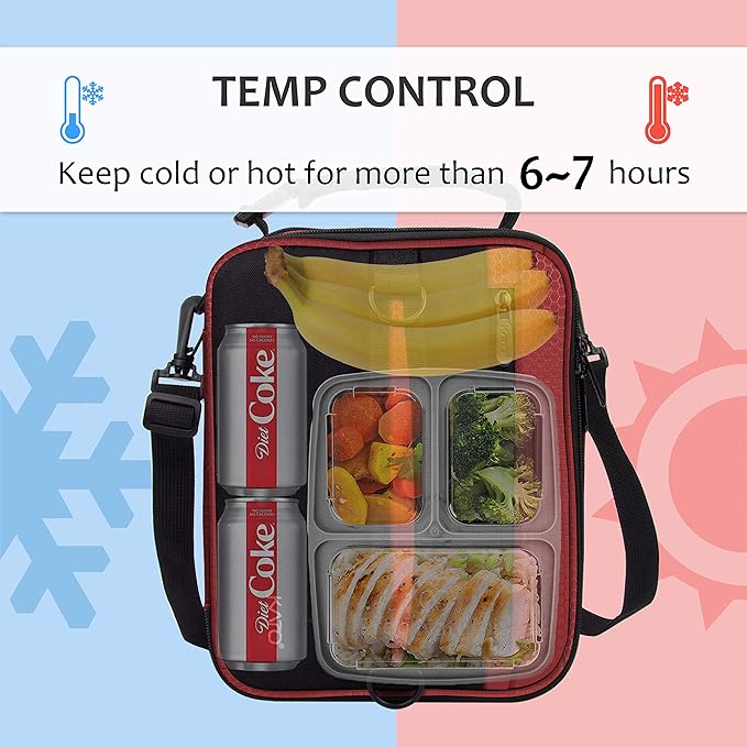 Tirrinia Expandable Insulated Lunch Bag for Men Women – Leakproof Reusable Cooler LunchBox for Kids & Adults with Shoulder Strap, Perfect for Work, School, Office, Travel,Red