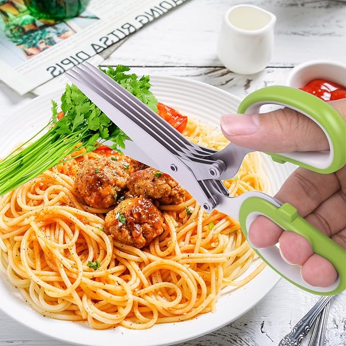 Herb Scissors, Kitchen Shears with 5 Blades and Cover, Multipurpose Cutting, Dishwasher Safe, Used for cutting herbs and paper, Green