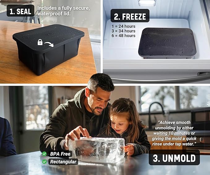 Alaskey® Giant Ice Block Mold 12 lbs With Lid (3-Pack) | Create Perfect Ice Bricks | Professional Silicone Mold for Crafting Extra Large Ice Cubes, Ideal for Ice Baths, Coolers, Bartender Accessories