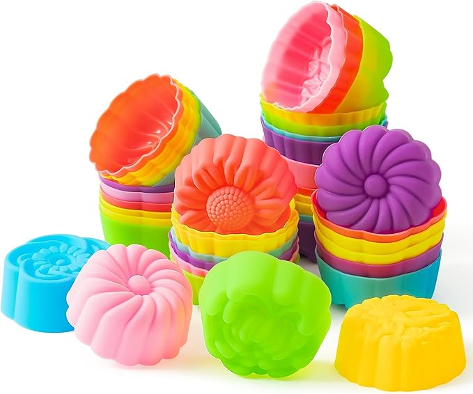 R HORSE 42Pcs Silicone Molds Cupcake 2 Inch Mini Size Reusable Muffins Liners Washable Non-Stick Donut Wrapper Mold Flower Shapes Baking Cups for Pan Oven Microwave Dishwasher