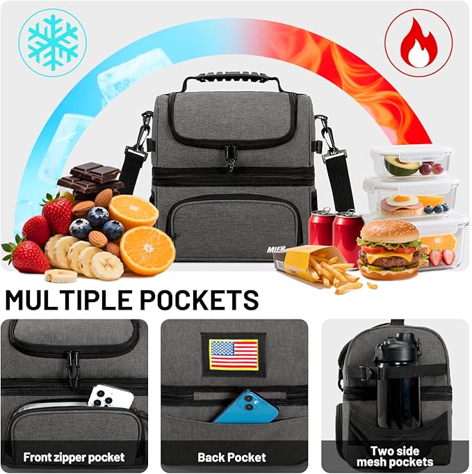 MIER Dual Compartment Lunch Bag Tote with Shoulder Strap for Men and Women Insulated Leakproof Cooler Bag, Grey
