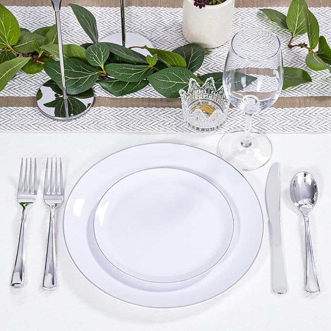 KIRE 200PCS Silver Plastic Plates - White Plastic Plates with Silver Rim Include 100 Dinner Plate and 100 for Dessert/Salad Plate for Birthday/Wedding/Party for Christmas