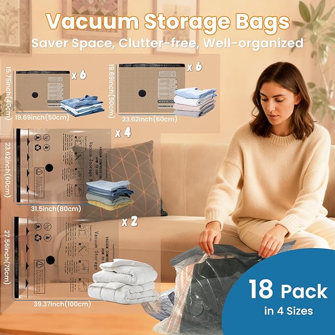 Space Saver Vacuum Storage Bags with Electric Pump, 18 PCS (6S,6M,4L,2J) Space Saver Vacuum Seal Bags for Clothing, Travel, Bedding, Blanket, Pillow, Comforter