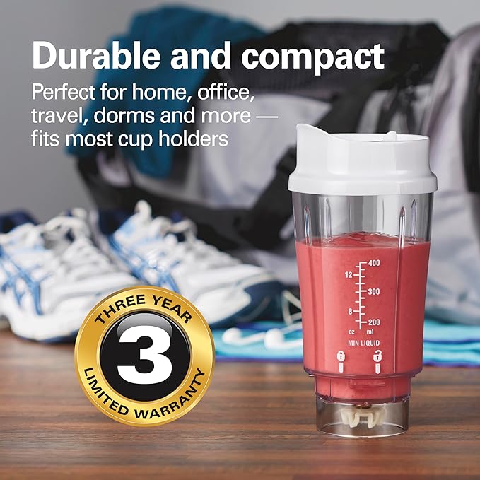Hamilton Beach Portable Blender for Shakes and Smoothies, 14 Oz BPA Free Travel Cup & Lid, Durable Stainless Steel Blades, Personal Smoothie Blender, White ( 51101V)