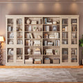 70.8" Tall Farmhouse Bookshelf with Glass Doors, Modular Bookcase with 6-Tier Adjustable Shelves, Large Storage Cabinet for Kitchen, Living Room, Brown, Set of 4