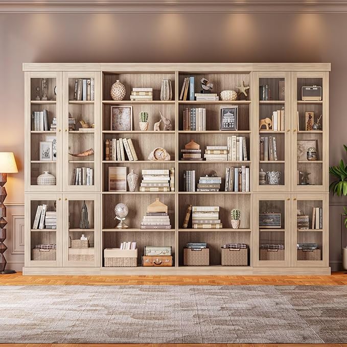 70.8" Tall Farmhouse Bookshelf with Glass Doors, Modular Bookcase with 6-Tier Adjustable Shelves, Large Storage Cabinet for Kitchen, Living Room, Brown, Set of 4