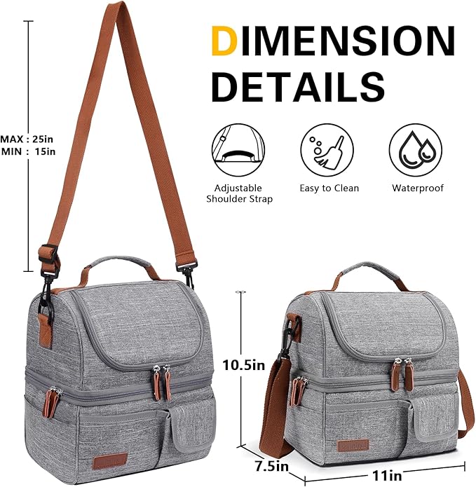 LOKASS Lunch Box for Women-Double Deck Insulated Adults Lunch Bag with Removable Shoulder Strap- Cute Wide Open Lunch Tote for Work/Office/Picnic/Beach/Travel (Gray)