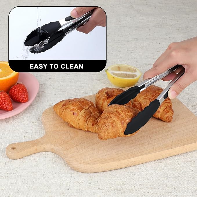 Hotec Mini Silicone Kitchen Tongs for Cooking - 7-Inch Small Serving Tongs with Silicone Tips, Set of 3 (Black)