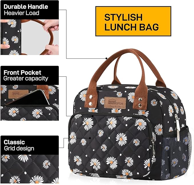 HOMESPON Lunch Bag for Woman Man Adults with Front Pocket Insulated Lunch Tote Lunch Box Container for Work Picnic or Travel(Daisy Side Pockets)
