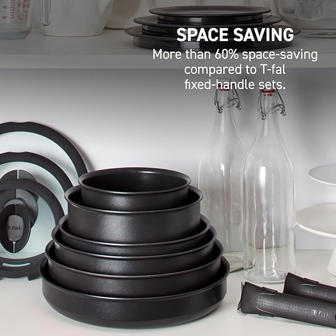 T-fal Ingenio Expertise Non Stick Cookware Set 8 Piece, Induction, Oven Broiler Safe 500F, Stackable Cookware, Pots and Pans, RV, Camping, Fry Pans, Dishwasher Safe, Detachable/Removable Handle Black