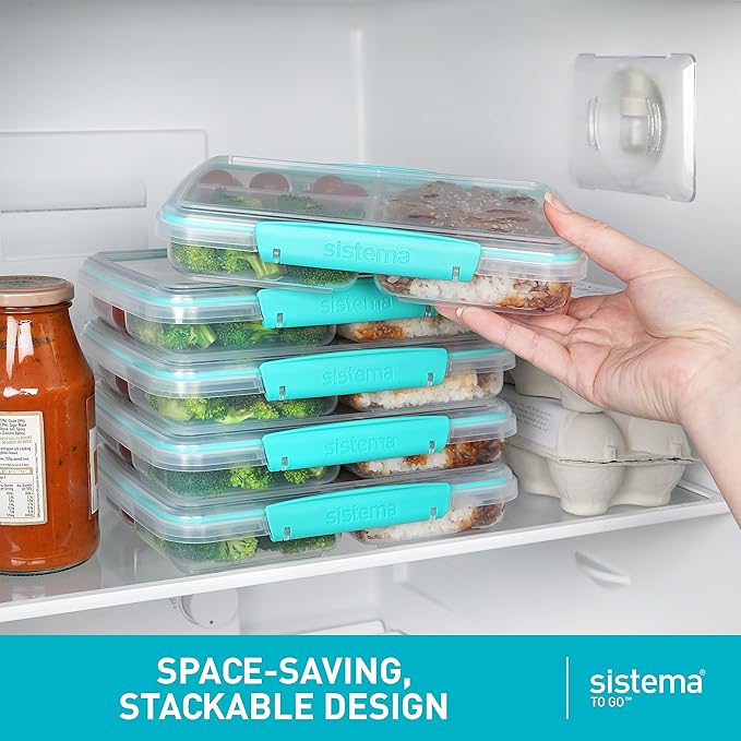Sistema 5-Piece Food Storage Containers with 3 Compartments and Lids for Meal Prep, Dishwasher Safe, 11.8oz, Clear/Green