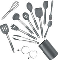 Silicone Cooking Utensils Set, E-far 14-Piece Gray Kitchen Utensils Set with Holder, Kitchen Tools Spatulas with Stainless Steel Handle for Non-stick Cookware, Heat Resistant & Dishwasher safe