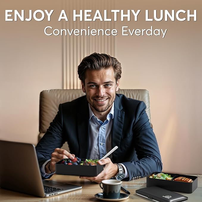 Umami Bento Box Adult All-In-1 w/4 Utensils, 2 Sauce Jar, 2 Dividers, 100% Leakproof, Microwave & Dishwasher Safe, Stackable Bento Lunch Box Containers for Men/Women, Matte Black, 40 oz