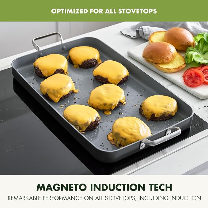 GreenPan Valencia Pro 18" x 11" Double Burner Griddle Pan, Induction Suitable, Ceramic Nonstick PFAS-Free, Rectangular Stovetop Cookware, Stainless Steel Handles, Dishwasher, Oven & Broiler Safe, Gray