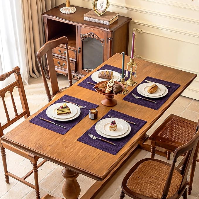 KXN Placemats Set of 8, Dual-Layer Thickened Faux Linen Table Mats, Heat Resistant & Wrinkle-Free, Machine Washable Cloth Place Mats for Kitchen Dining Indoor Outdoor (Purple)