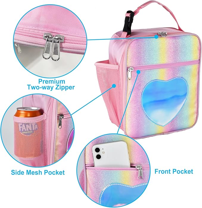 Insulated Lunch Bag, Leakproof Portable Lunch Box for Women Men Boys Girls, Large Capacity Cooler Bag for Office School Camping Hiking Outdoor Beach Picnic (Rainbow Pink)
