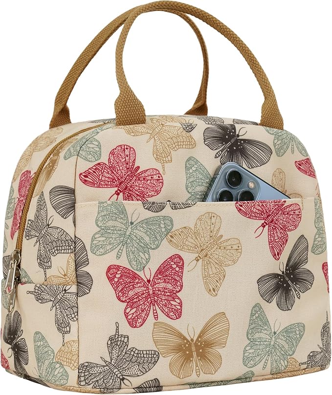 EurCross Beige Butterfly Lunch Bag for Women Work Daily Use Necessaries Storage, Reusable Medium Adult Lunch Tote Sack Bag for Bento Box with Insulated Liner