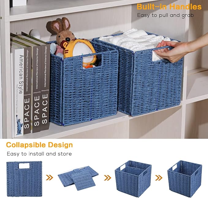 Vagusicc Wicker Storage Basket, Set of 2 Hand-Woven Storage Baskets for Shelves with Handles, Foldable Cube Storage Bins Organizer, Blue 13x13 Inch Large Wicker Baskets for Pantry Bedroom Decor, Blue