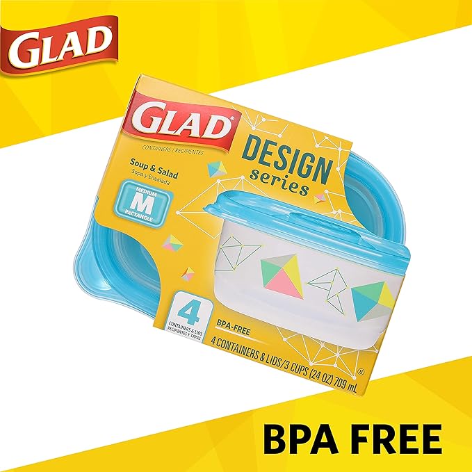 Glad GladWare Design Series Food Storage Containers - Medium Rectangle - Meal Container Holds up to 24 Ounces of Food - Lock Tight Seal, 4 Count - 6 Pack