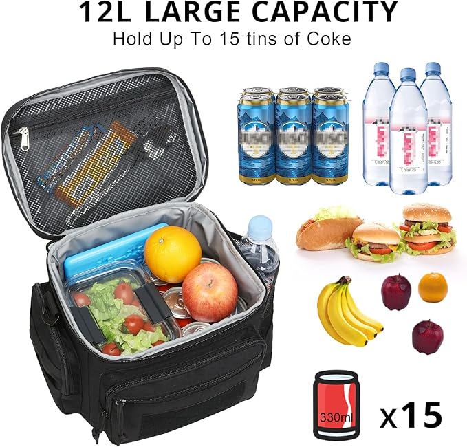Lunch Box for Men, Tactical Lunch Bag MOLLE Webbing Leakproof Insulated Large Lunch Cooler Women Adult Meal with Adjustable Shoulder Strap Durable Lunch Pail(Black)