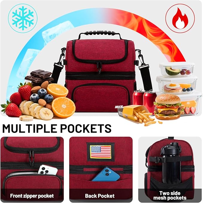 MIER Dual Compartment Lunch Bag Tote with Shoulder Strap for Men and Women Insulated Leakproof Cooler Bag, Dark Red