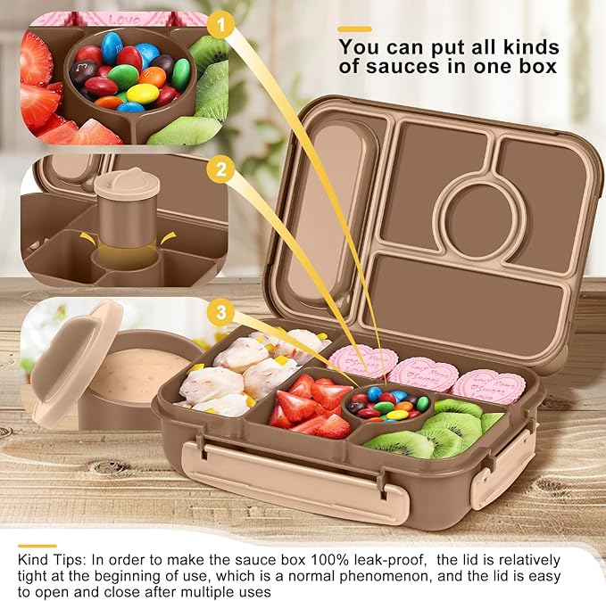 Bento Box Adult Lunch Box Kids,Lunch Containers for Adults/Kids/Toddler,5 Compartments Bento Lunch Box with Sauce Vontainers,Microwave & Dishwasher & Freezer Safe,BPA-Free (Brown)