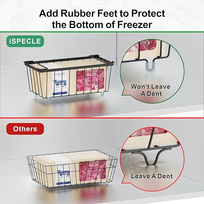 iSPECLE Freezer Storage Bins - 6 Pack Small Stackable Deep Freezer Organizer Bins for Most 7 Cu.FT Chest Freezer Sort Frozen Food, Freezer Basket with Handles Easy to Get Food from Bottom, Black