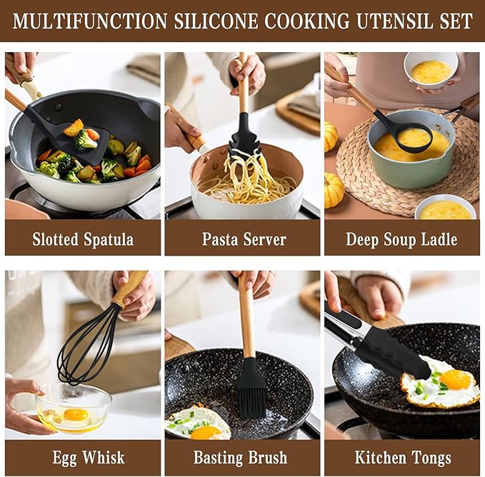 Umite Chef Kitchen Cooking Utensils Set, 33 pcs Non-Stick Silicone Cooking Kitchen Spatula Set with Holder, Wooden Handle Silicone Kitchen Gadgets Utensil Set (Black)