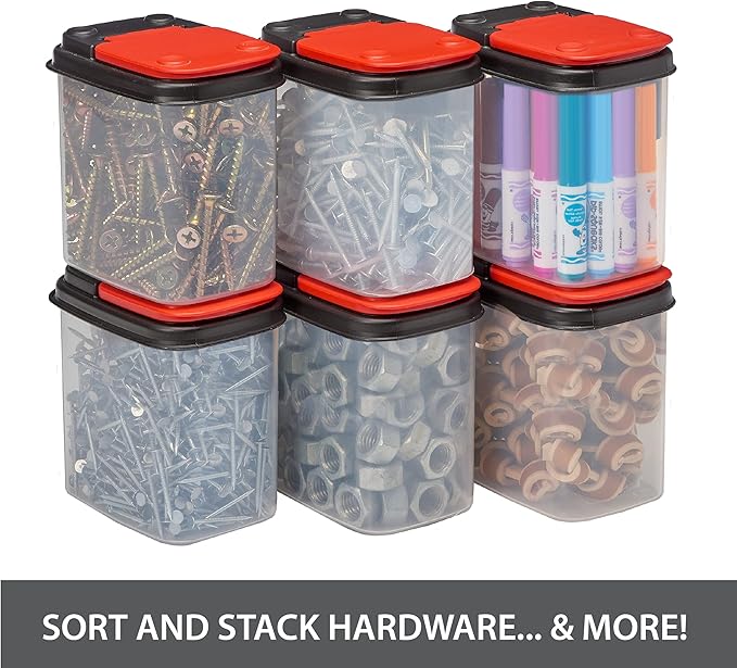 Buddeez Bits and Bolts Storage Containers - Stackable Clear Organizers for Tools and Parts - 12 Pack Red Lid