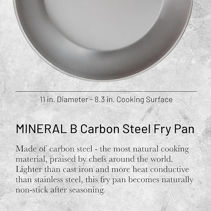 De Buyer MINERAL B Carbon Steel Fry Pan - 11” Diameter, 8.3” Cooking Surface - Ideal for Searing, Sauteing & Reheating - PFAS, PFOA & PFOS Free - Made in France