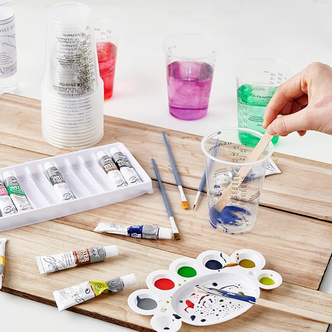 200 PACK Plastic Measuring Cups, 8 oz Disposable Mixing Cups with 100 Wooden Mixing Sticks, Can Be Used for Epoxy Resin, Liquid Measuring, Paint, Cooking and Baking