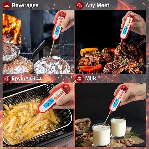 Digital Instant Read Meat Thermometer Waterproof Food Thermometer with 5.1 inch Long Probe for Food Cooking, Candy, BBQ, Liquid and Meat Temperature Measurement by GLVSAE (Red)