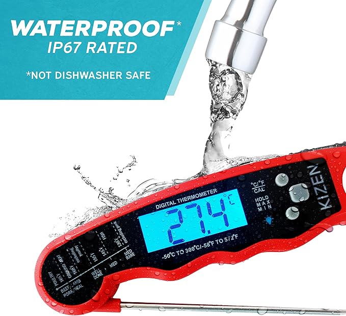 KIZEN Instant Read Meat Thermometer Digital - Food Thermometer for Cooking, Grill, Oven, BBQ - IP67 Rated Waterproof - Large Backlit Display and Magnetic Back