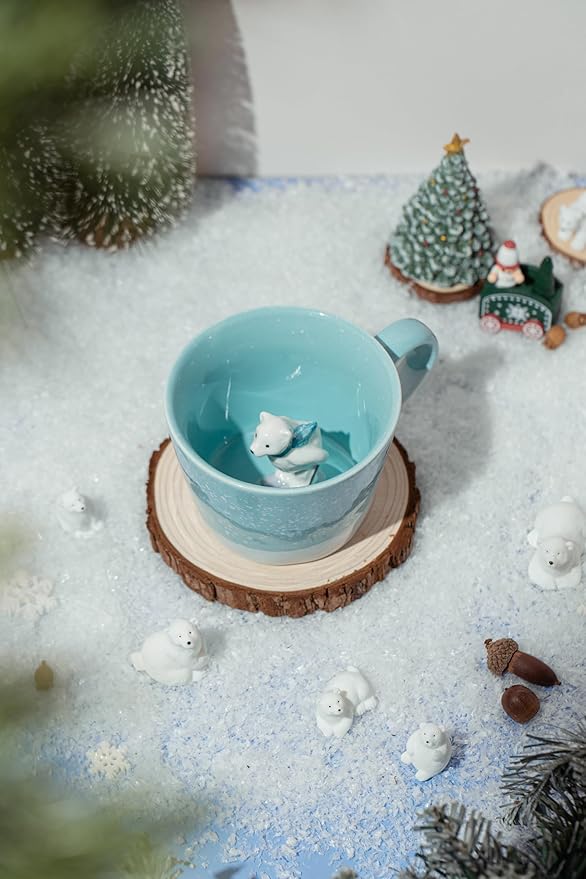 DIHOclub Skiing Polar Bear Ceramic Cup Hidden Animal Inside Mug Cute Cartoon Handmade Figurine Mugs,Holiday and Birthday Gift for Coffee Milk Tea Lovers,12 OZ(Blue White)
