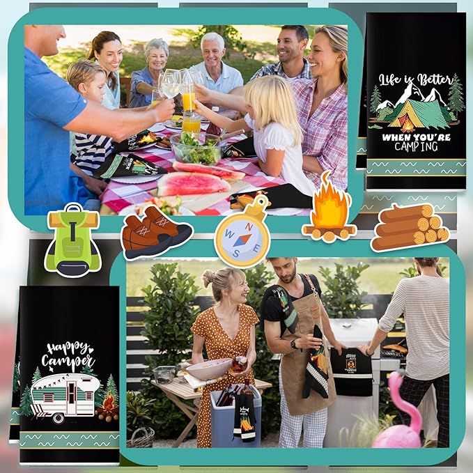 Boyiee 6 Pcs Camping Kitchen Towels Black Absorbent Dish Towels Bonfire Tent Car Tea Towels 24 x 16 Inches with Funny Sayings Novelty Gifts for Campers Happy Camper Camping Accessories for RV Campers