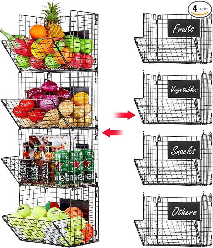 X-cosrack Metal Wire Basket Wall Mount, 4 Tier Extra Large Wall Storage Basket Organizer with Chalkboards, Kitchen Fruits and Vegetables Produce Bin Rack Toys Organizer Bathroom Tower Baskets (Black)