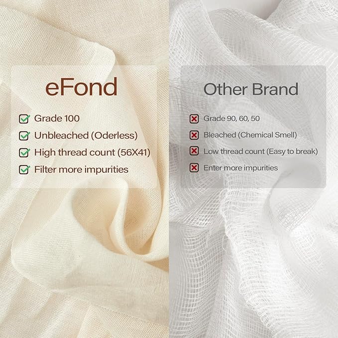 eFond Cheesecloth, 18 Square Feet Grade 100 Cheese Cloths for Straining Reusable, Washable, Lint Free and Ultra Fine Mesh Unbleached Pure Cotton Muslin Cloths for Cooking with Hemmed 2 Edges (2 Yards)