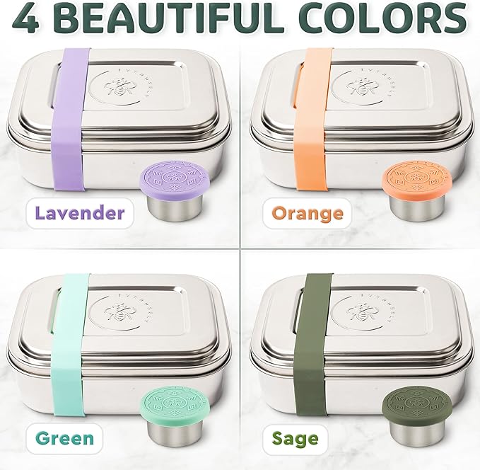 Everusely - Bento Box - Lavender, 47oz / 1.4 L - Stainless Steel Lunch Box with Leakproof Condiment Container - 3 Compartment Snack Organizer for On the Go Meals - Freezer & Dishwasher Safe