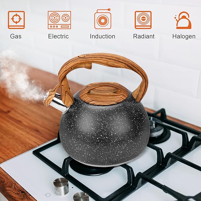 GGC Tea Kettle for Stove Top, Loud Whistling Kettle for Boiling Water Coffee or Milk, 3.1 Quart Heavy Stainless Steel Starry Black Kettle with Wood Pattern Handle, Unique Button Control Kettle Outlet