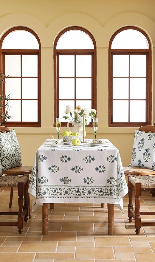 ISAENNE Designer White Linen Table Cloth for Rectangle Table,Chinoiserie Floral Elegant Indoor Tablecloth,Fall Stain Proof Decor Tablecloths for Dining Thanksgiving Kitchen,55"*79"-Mosella F