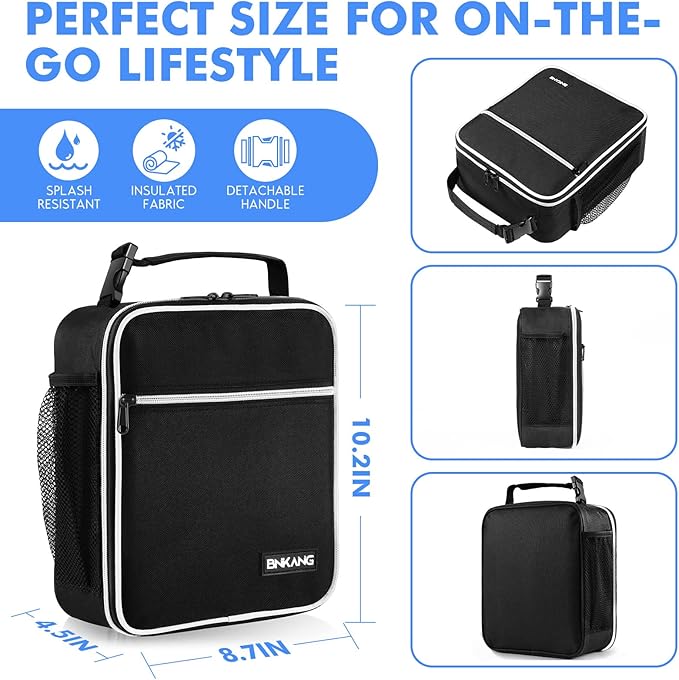 Lunch Box Insulated Lunch Bag - Durable Small Lunch Bag Reusable Adults Tote Bag Lunch Box for Adult Men Women (Black with White)