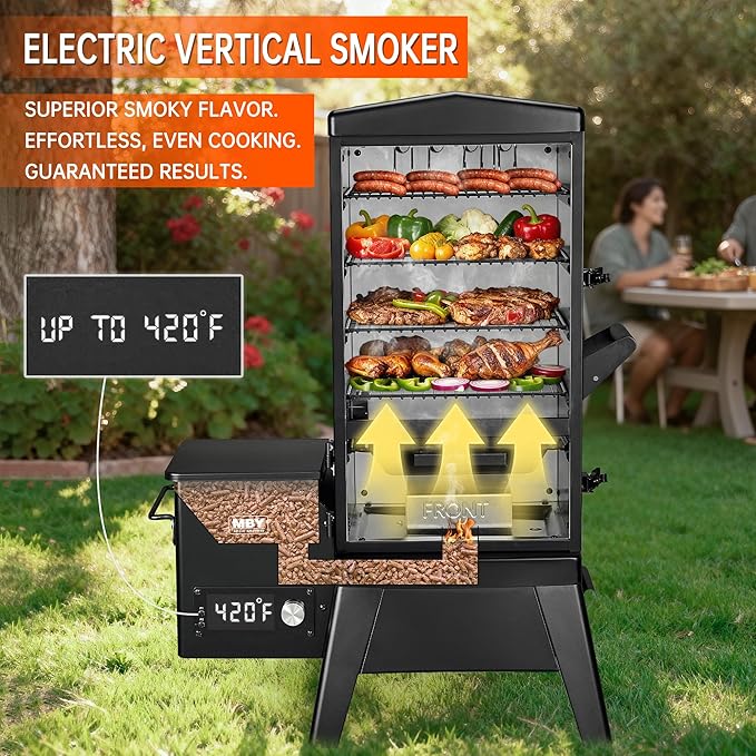Electric Smoker with Cover & Meat Probe, Vertical 4-Rack Pellet BBQ Smoker Grill, 616 sq in Cooking Space, Digital LED Control for Outdoor Smoking Ribs, Brisket, Chicken & Sausage