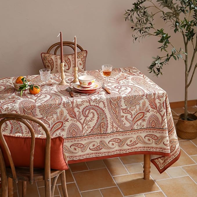 ISAENNE Designer French Red Small Square Tablecloth,Fall Linen Table Cloth with Cashew Pattern,Stain Proof Decor Tablecloths for Dining Thanksgiving Kitchen Christmas,55"*55"-Chauffrey D